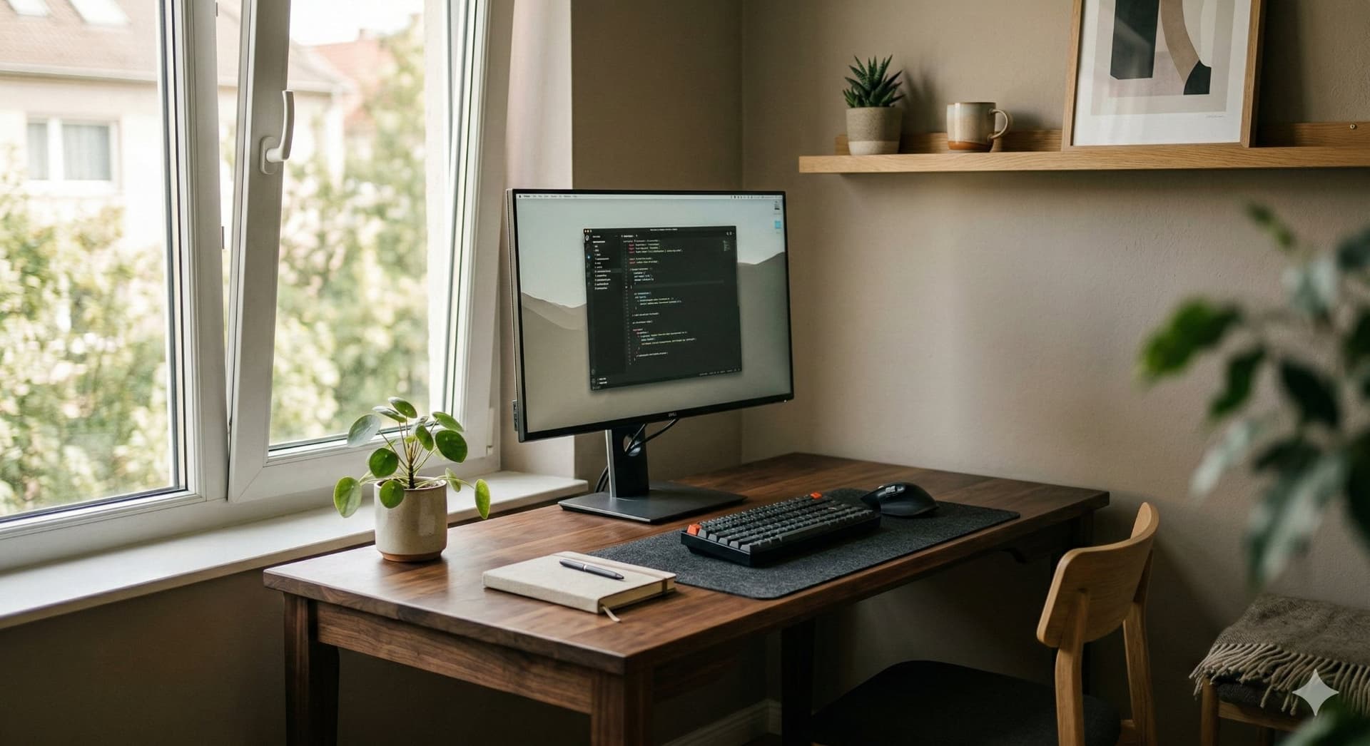 Ergonomic home office setup with monitor, mechanical keyboard, and natural light