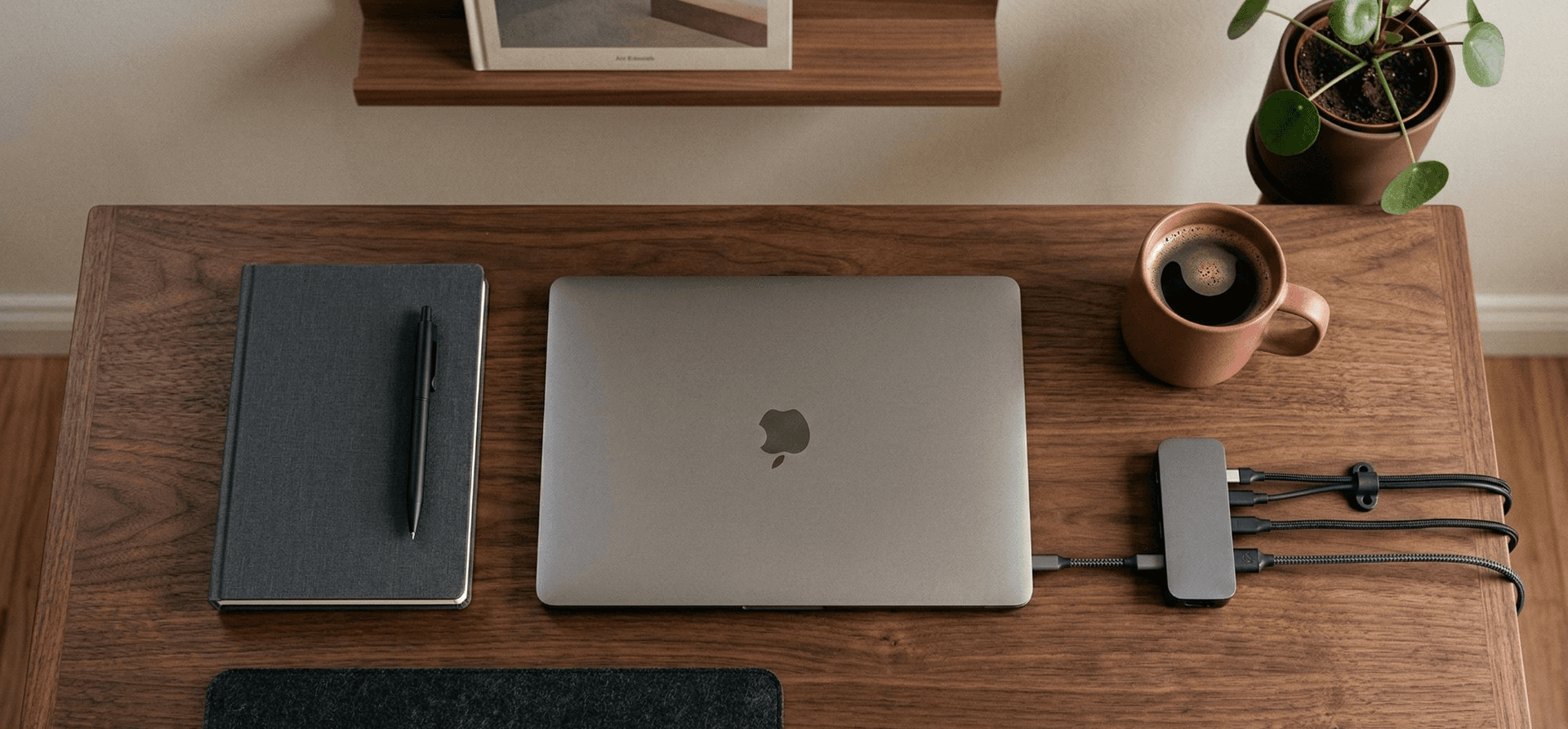 Bureau en noyer vu du dessus avec ordinateur portable, dock USB-C et câbles organisés