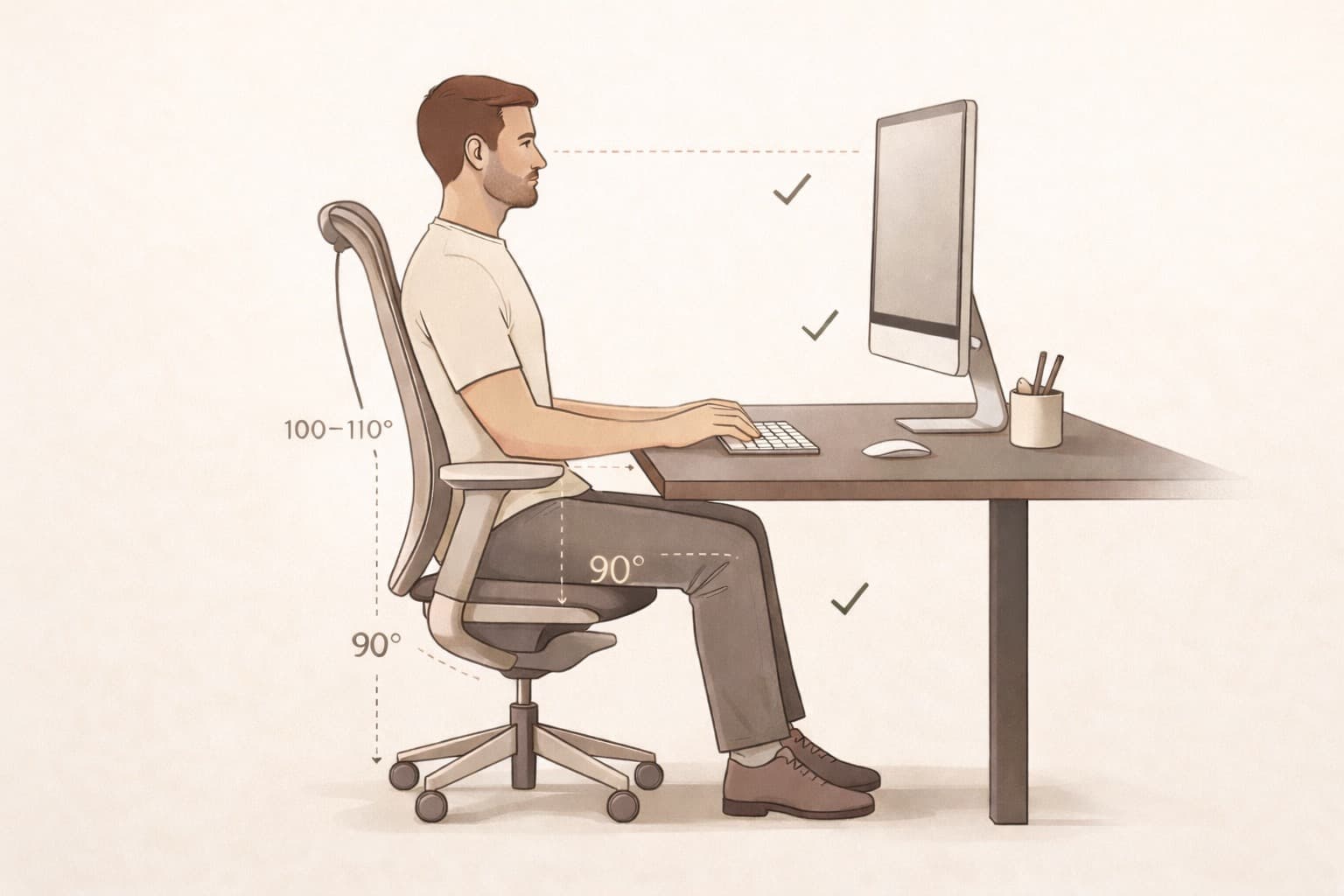 Illustration d'une posture ergonomique correcte devant un écran de bureau